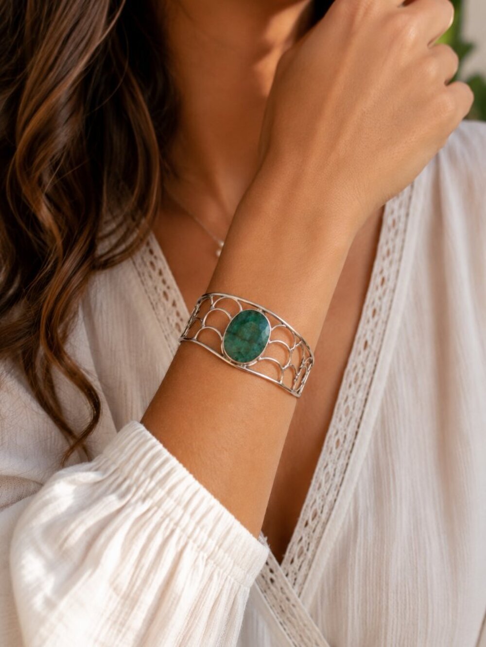 Vintage Artisan Silver Open Cuff Bracelet Green Gemstone Statement Wide Cuff